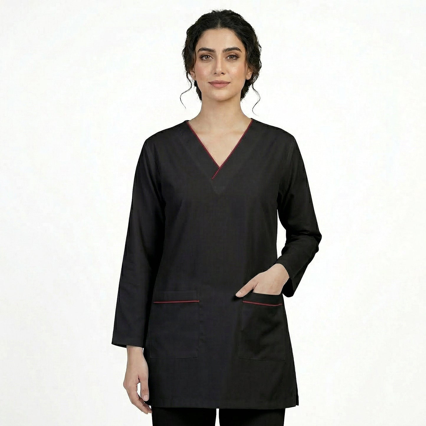 Black(Mehroon Pipping) Cotton Polyester Fabric